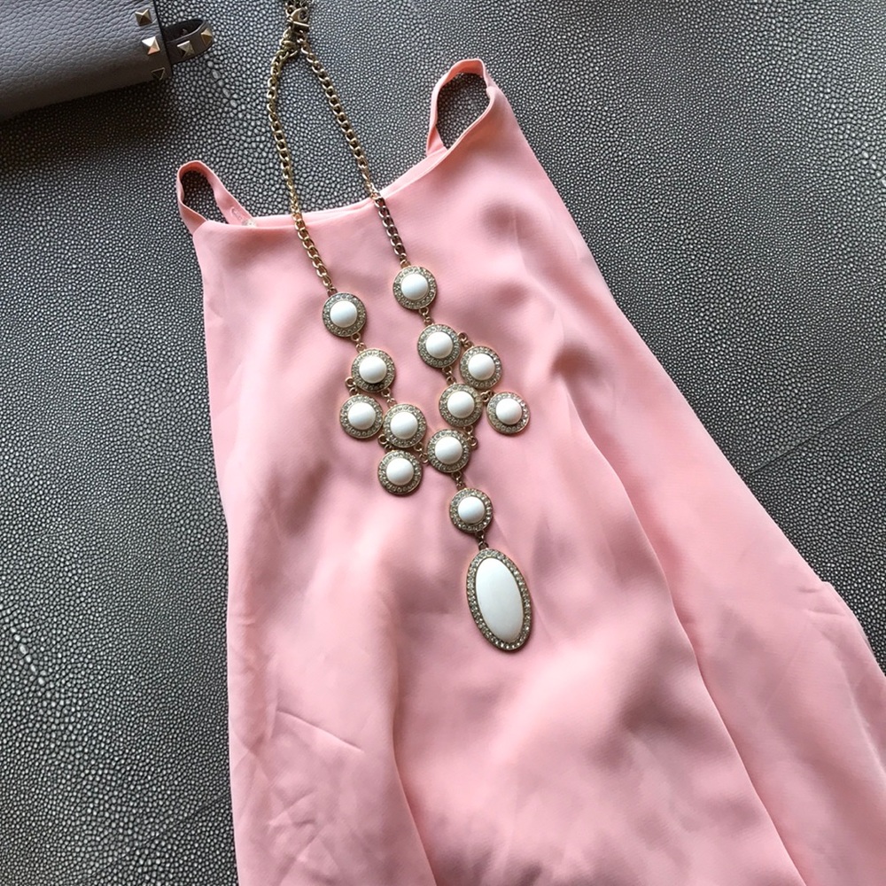 Blush pink high neckline dress